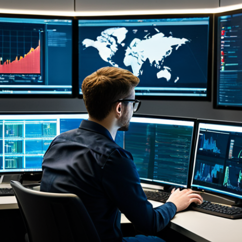 Home 6 A professional cybersecurity analyst, fully clothed in a modest business casual outfit, sits focused at a workstation within a modern, well-lit Security Operations Center (SOC). Multiple screens display intricate network data, packet analysis, and real-time security alerts. The scene embodies a clean, high-tech environment. Perfect anatomy, correct proportions, natural pose, well-formed hands, proper finger count, natural body proportions. Safe for work, appropriate content, family-friendly, professional photography, high quality, realistic.