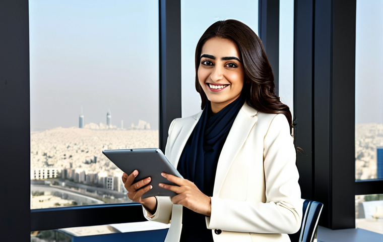 차세대 방송 기술 - Modern Arab Professional** "A confident Arab businesswoman in a stylish, modest business suit, stan...