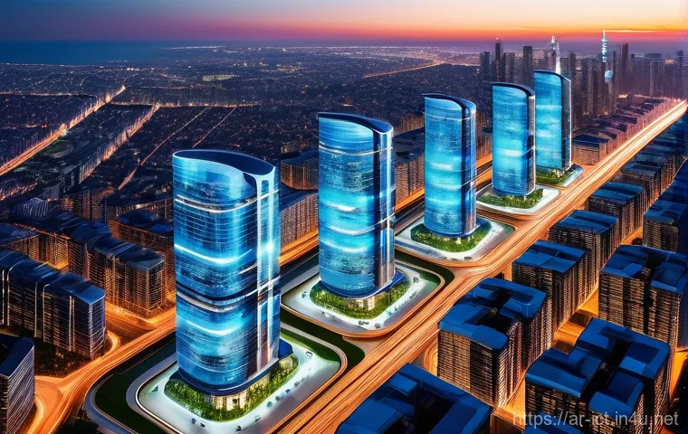5G 네트워크 구조 - **Prompt for 5G RAN and Connectivity:** "A vibrant, high-angle view of a futuristic cityscape at...