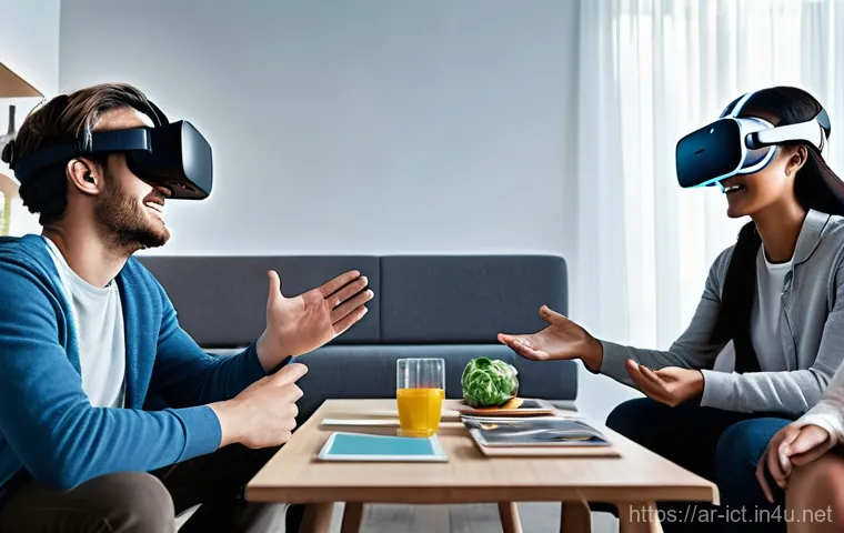 초저지연 네트워크 기술 - **Prompt 2: Bridging Distances: Immersive Remote Connection** "Inside a comfortable, modern home...