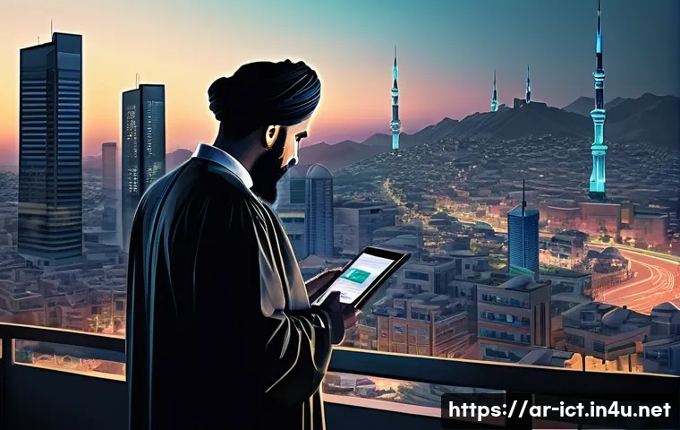 디지털 변조 방식 비교 - A detailed digital illustration showing a modern wireless communication environment in an urban Midd...