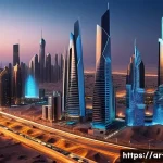 네트워크 함수 가상화 NFV - A futuristic Middle Eastern cityscape at dusk, showcasing an advanced telecommunications network inf...