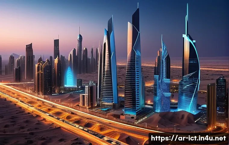 네트워크 함수 가상화 NFV - A futuristic Middle Eastern cityscape at dusk, showcasing an advanced telecommunications network inf...