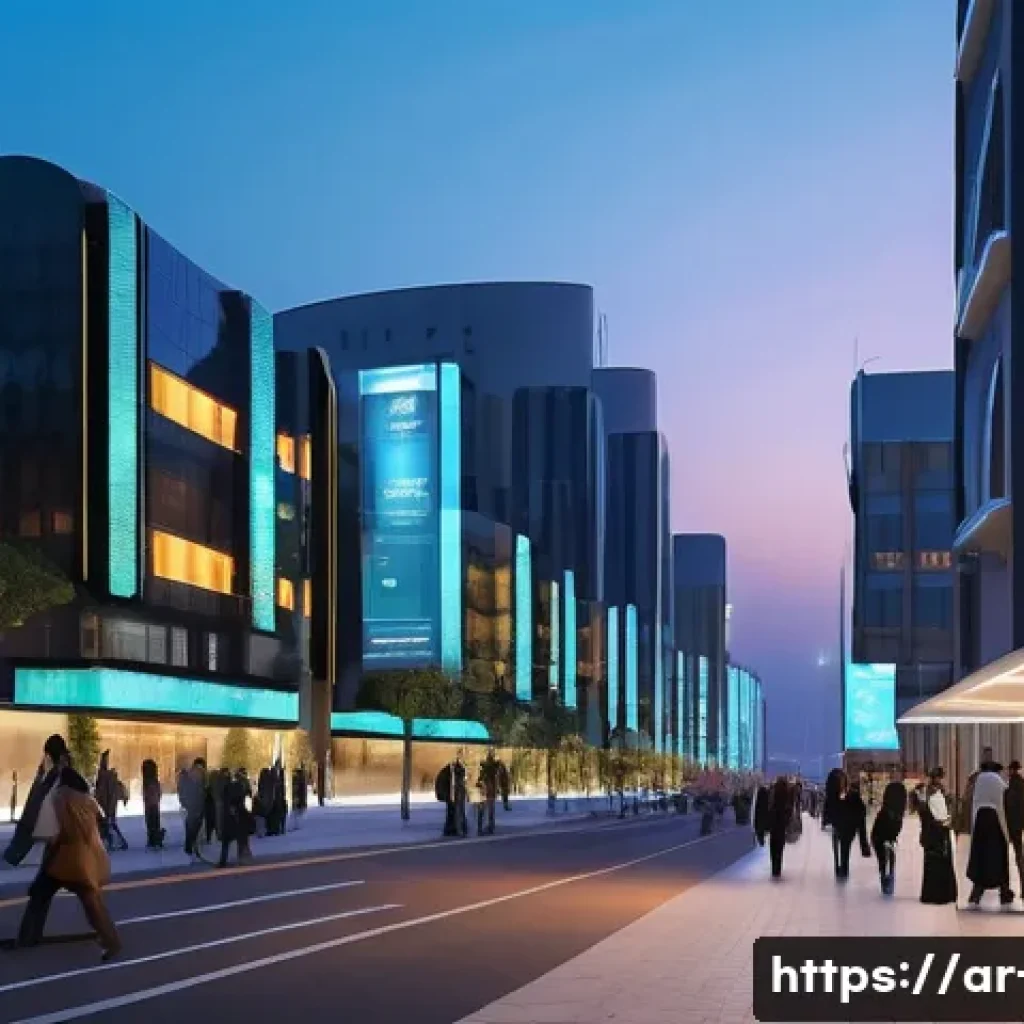 스마트 시티 네트워크 인프라 - A futuristic smart city street scene at dusk in an Arabic metropolitan area, featuring intelligent I...