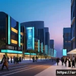 스마트 시티 네트워크 인프라 - A futuristic smart city street scene at dusk in an Arabic metropolitan area, featuring intelligent I...