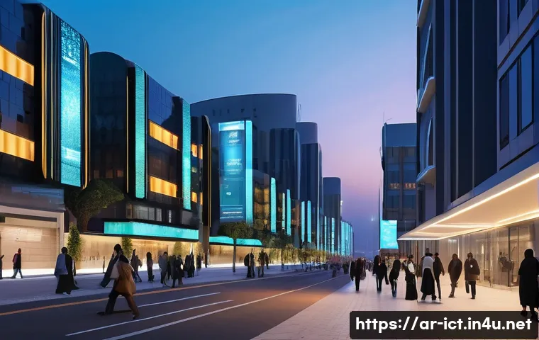 스마트 시티 네트워크 인프라 - A futuristic smart city street scene at dusk in an Arabic metropolitan area, featuring intelligent I...