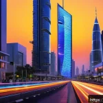 광섬유 통신 개론 - A vibrant urban scene in a modern Arab city showcasing advanced fiber optic infrastructure: glowing ...