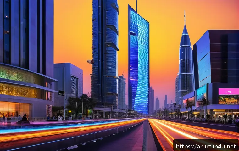 광섬유 통신 개론 - A vibrant urban scene in a modern Arab city showcasing advanced fiber optic infrastructure: glowing ...