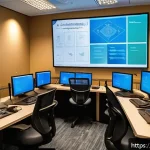 네트워크 시뮬레이션 도구 - A detailed professional training room setting designed for Arabic-speaking network engineering stude...