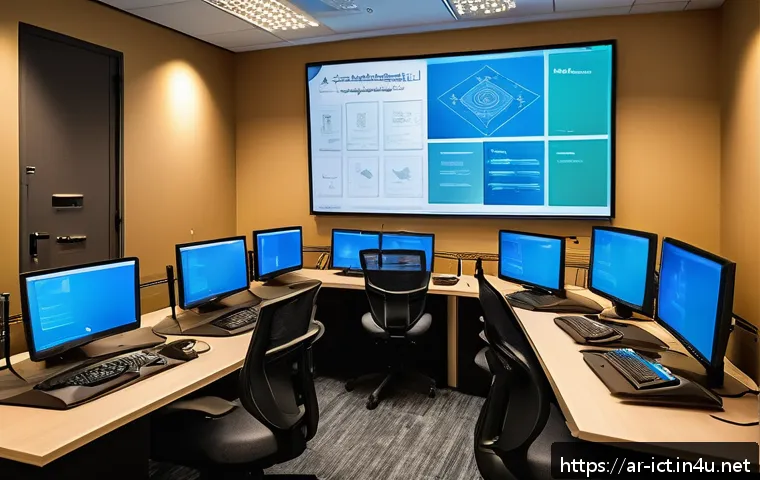 네트워크 시뮬레이션 도구 - A detailed professional training room setting designed for Arabic-speaking network engineering stude...
