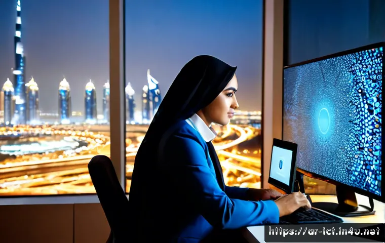 해킹 및 사이버 보안 - Photorealistic cybersecurity analyst in modest professional attire working at a clean modern office ...